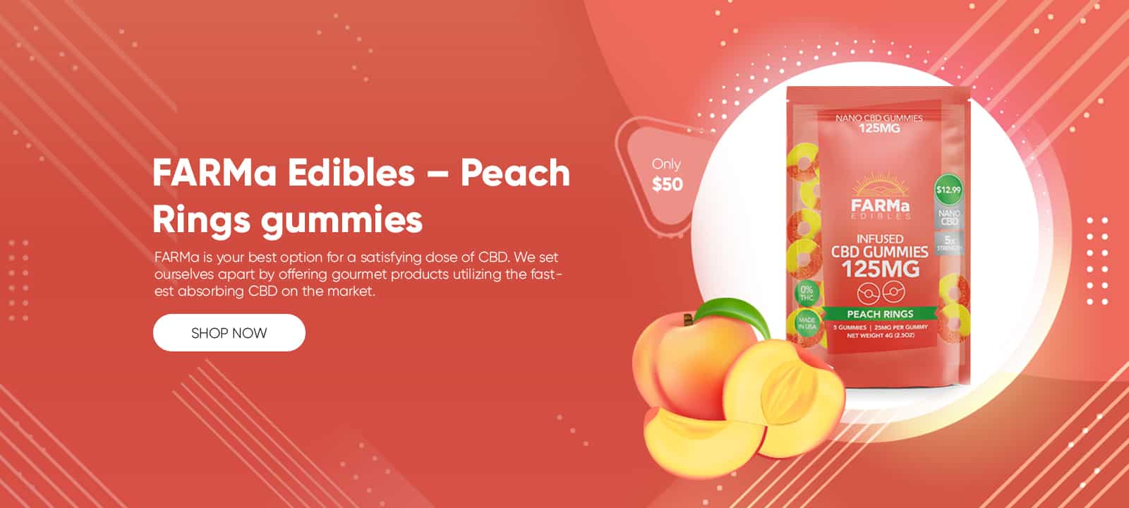 FARMa Edibles – Peach Rings 10ct. box – 125mg per bag